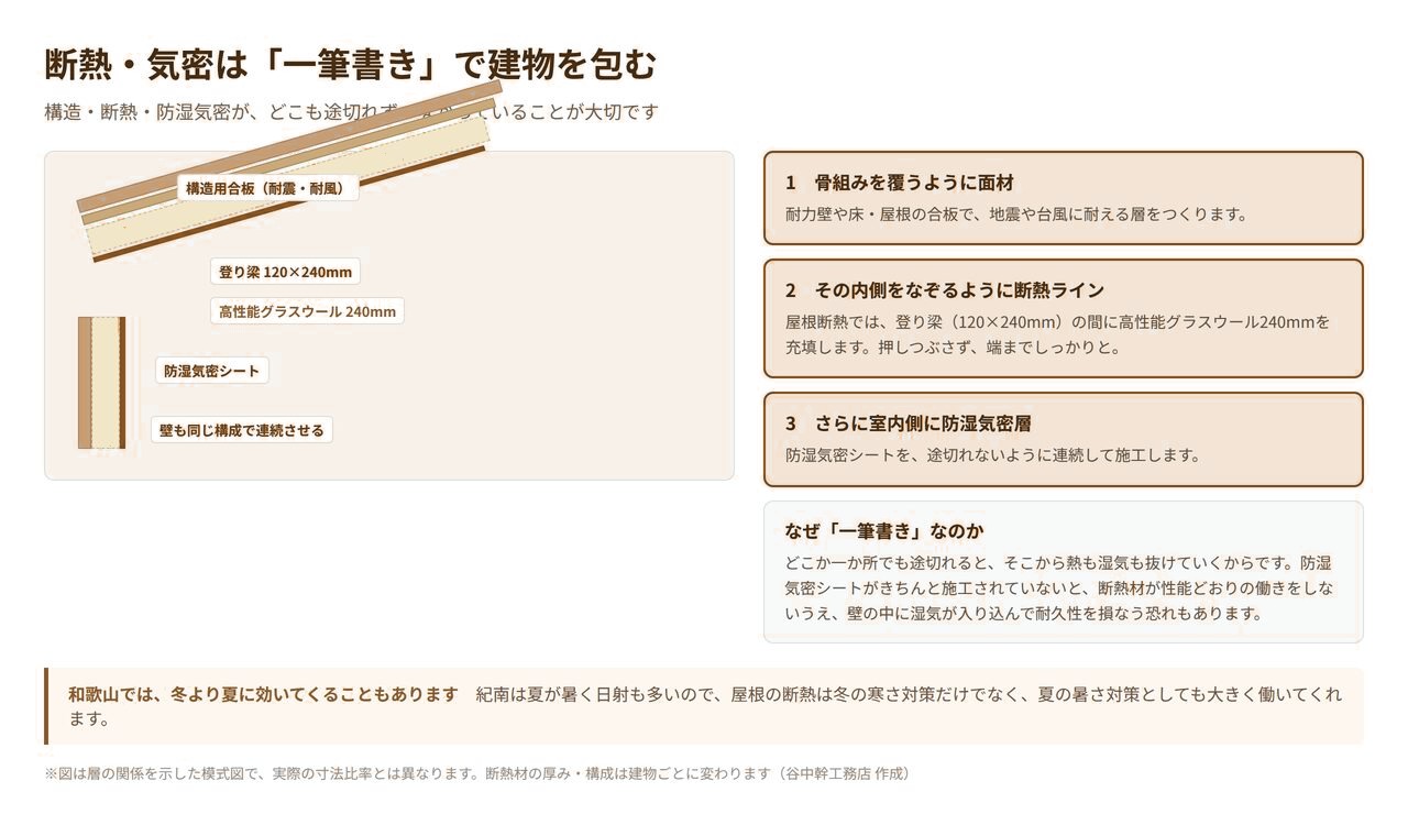 屋根断熱の構成を示した図解。構造用合板・登り梁間の高性能グラスウール240mm・防湿気密シートが一筆書きのように連続する