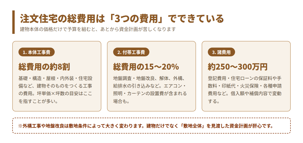 注文住宅の総費用の内訳図解（本体工事費・付帯工事費・諸費用）