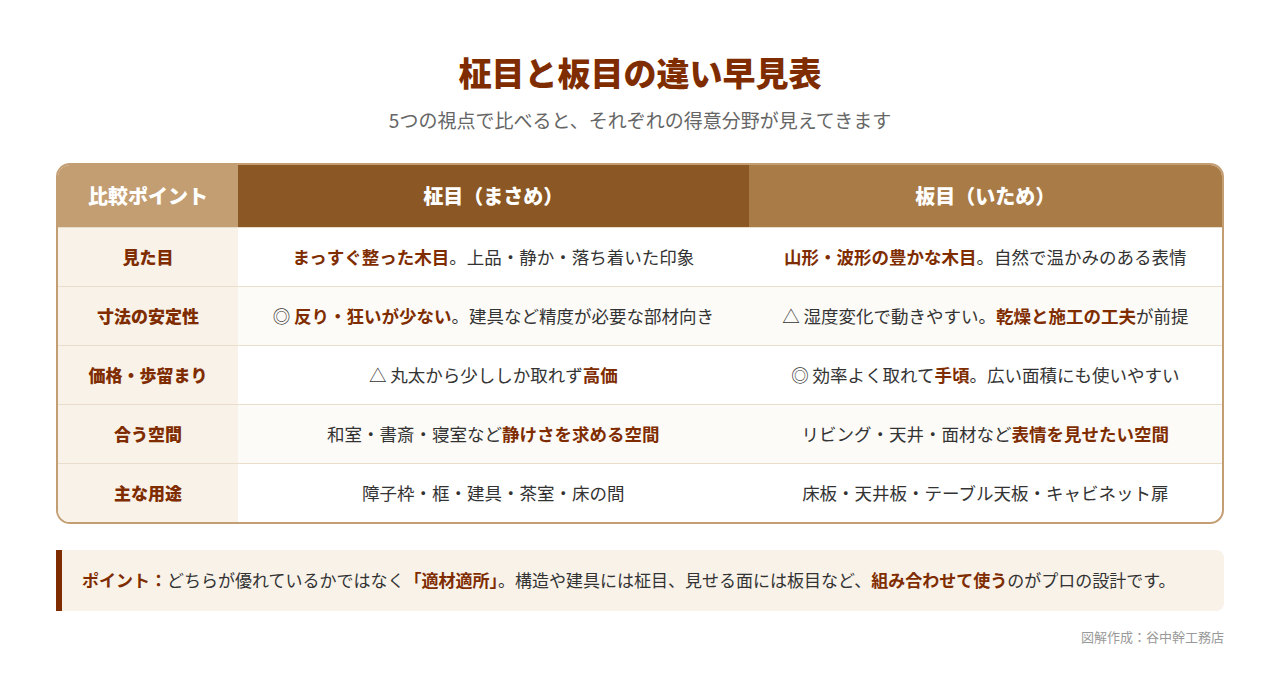 柾目と板目の違い早見表。見た目、寸法の安定性、価格・歩留まり、合う空間、主な用途の5つの視点で比較した図解