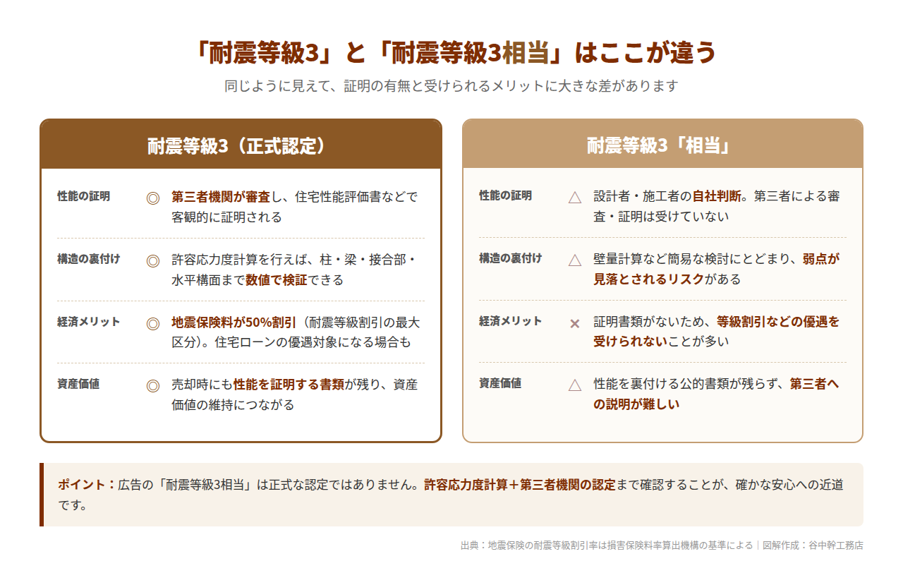 耐震等級3の正式認定と耐震等級3相当の違いを比較した図解。正式認定は第三者機関の審査で性能が証明され地震保険料50%割引などの優遇があるが、相当は自社判断で優遇を受けられないことが多い