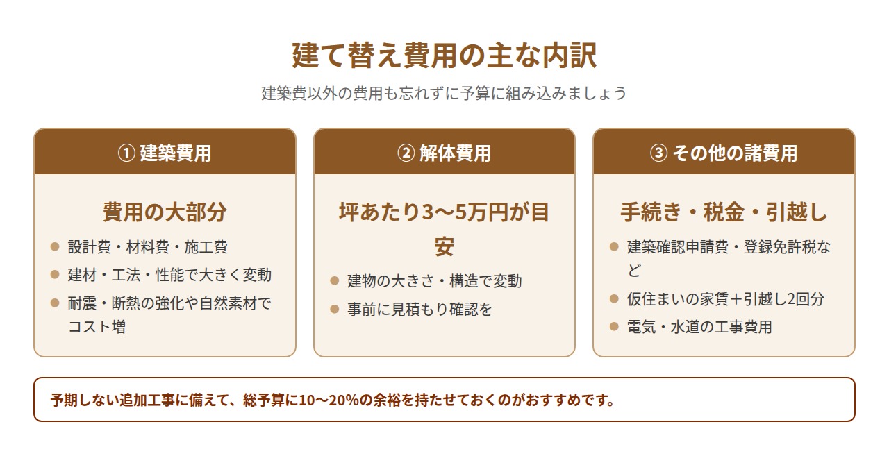 建て替え費用の主な内訳。建築費用・解体費用（坪3〜5万円）・その他諸費用を示す図解